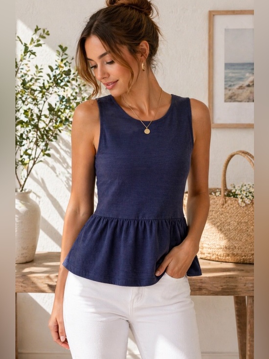 Madewell Tops - Madewell Navy Peplum Tank Top Size Small Cotton Stretch Sleeveless Fit Flare